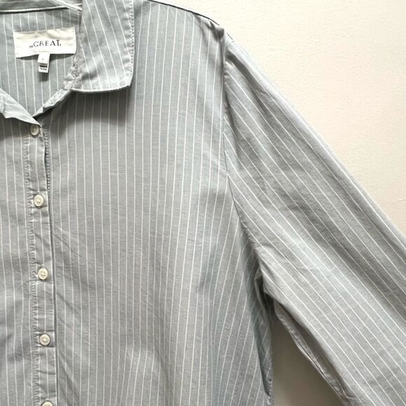 The Great. The Drop Ruffle Oxford Shirt Button Down Indigo Stripe Blue Size M - Picture 5 of 11